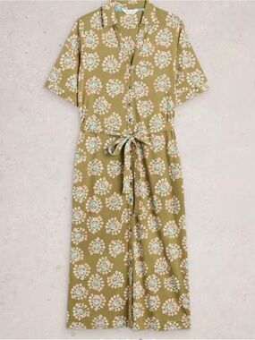White Stuff Annie Jersey Shirt Dress in Green Floral Mosaic Print NWT